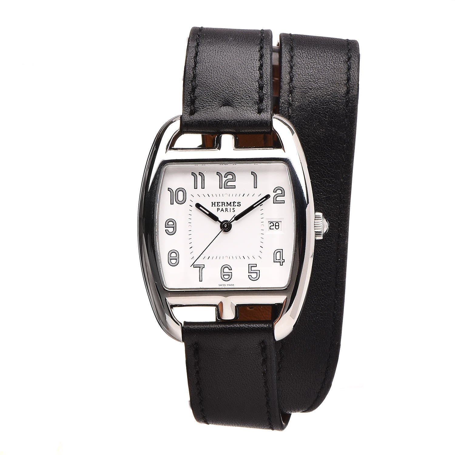 Hermes Stainless Steel Barenia 33mm Cape Cod Tonneau Double Tour Quartz Watch Noir 1 of 7