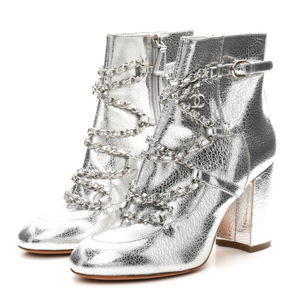Chanel Metallic Crackled Calfskin Chain CC Short Boots 38.5 Silver 3 of 8