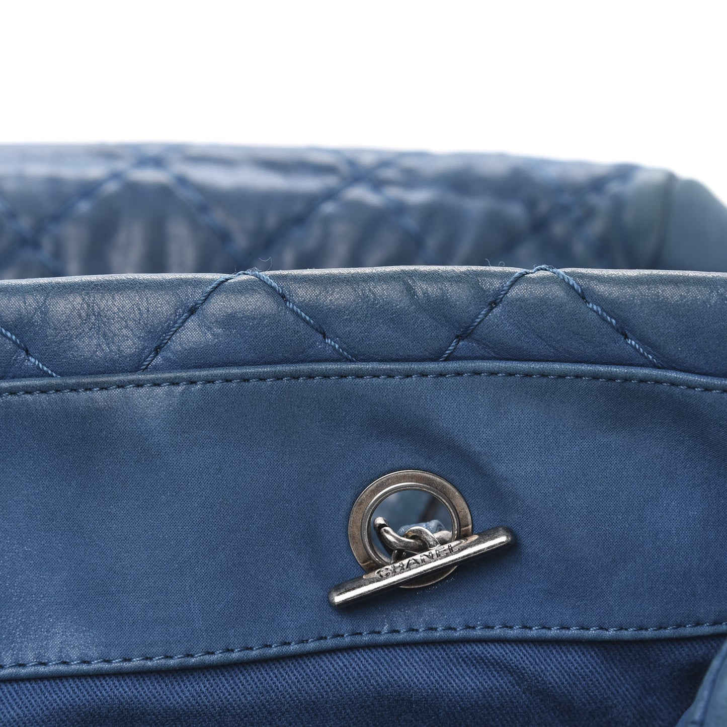 Iridescent Calfskin Quilted Shopping Tote Blue