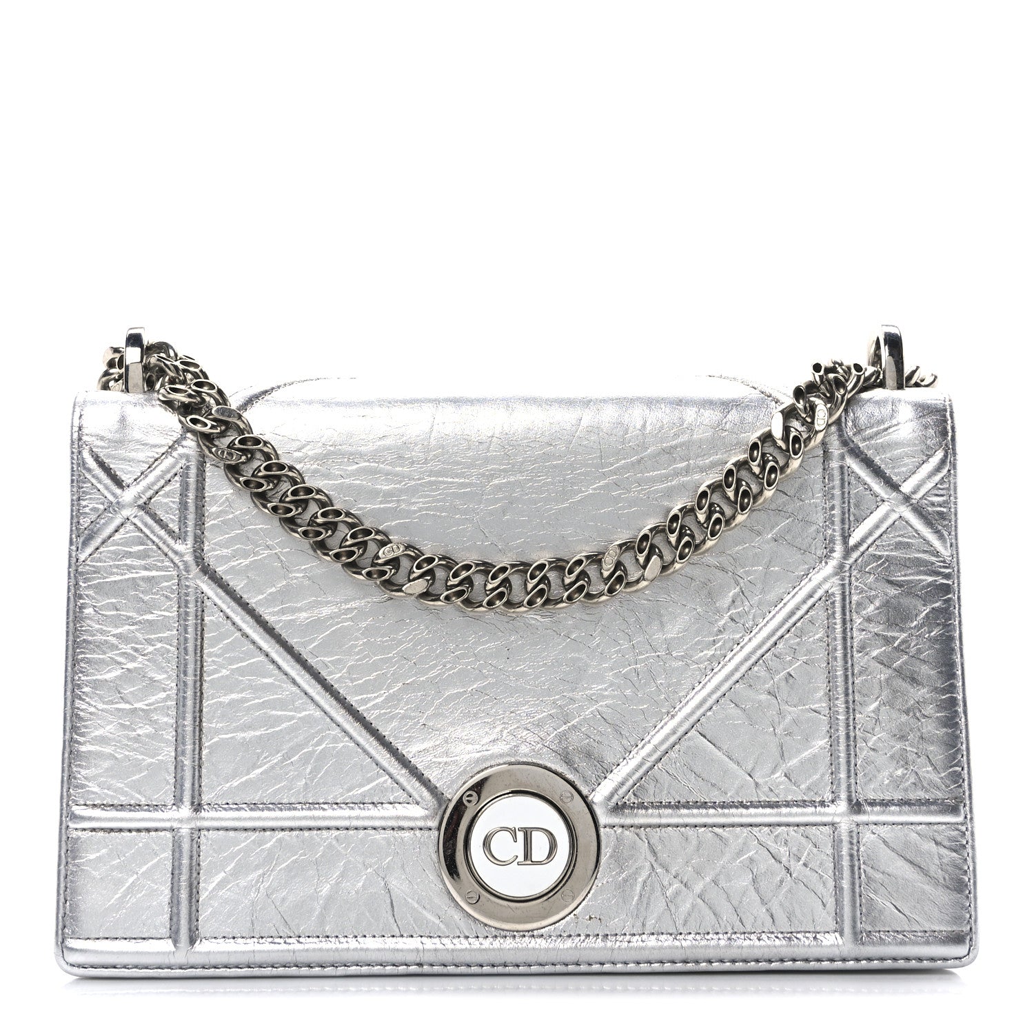 Christian Dior Metallic Crinkled Lambskin Medium Diorama Flap Bag Silver 1 of 9