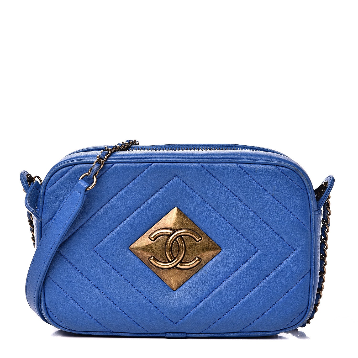 Chanel Lambskin Chevron Quilted Pyramid CC Camera Case Blue 1 of 14