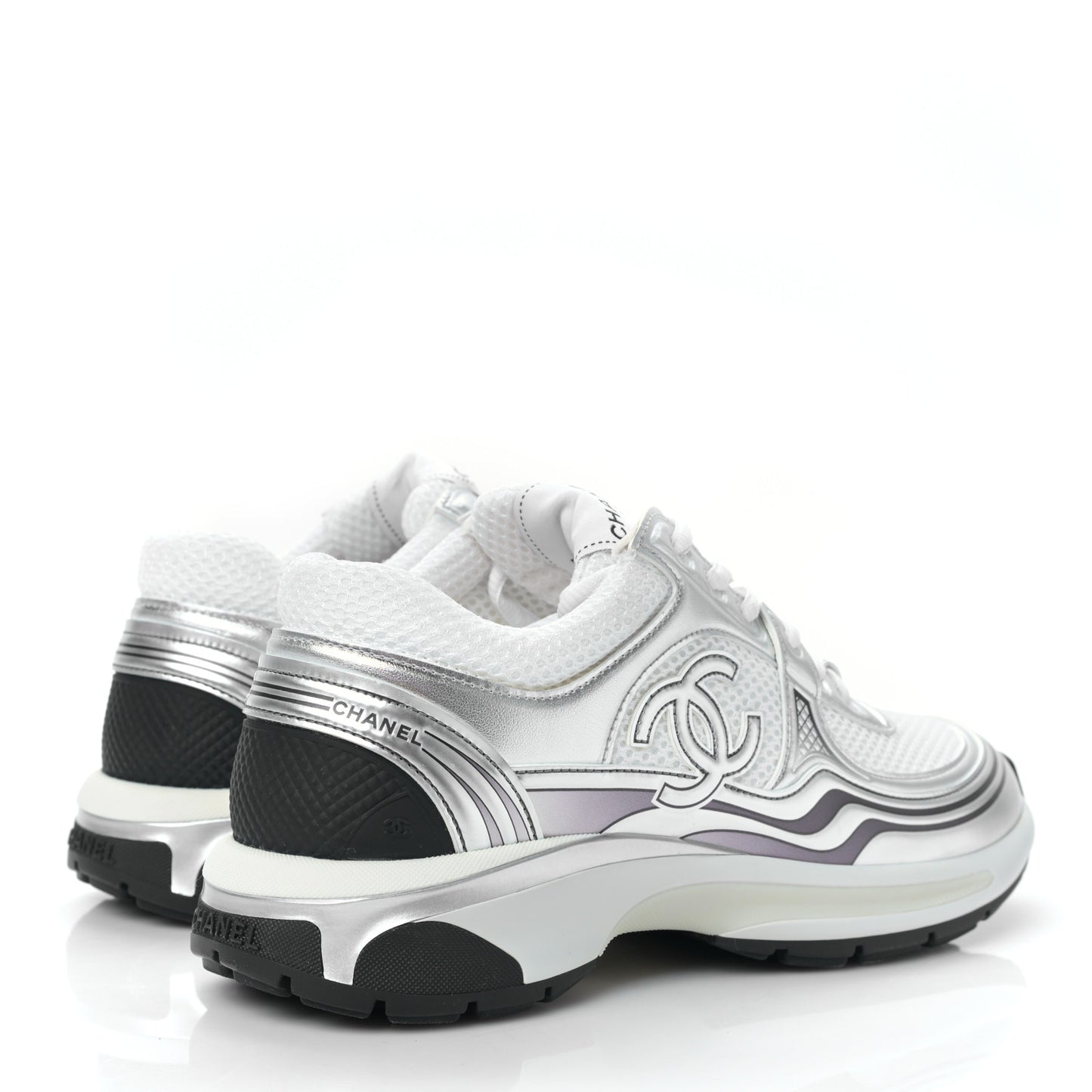 Fabric Laminated Calfskin Stretch CC Womens Sneakers 40 White Silver