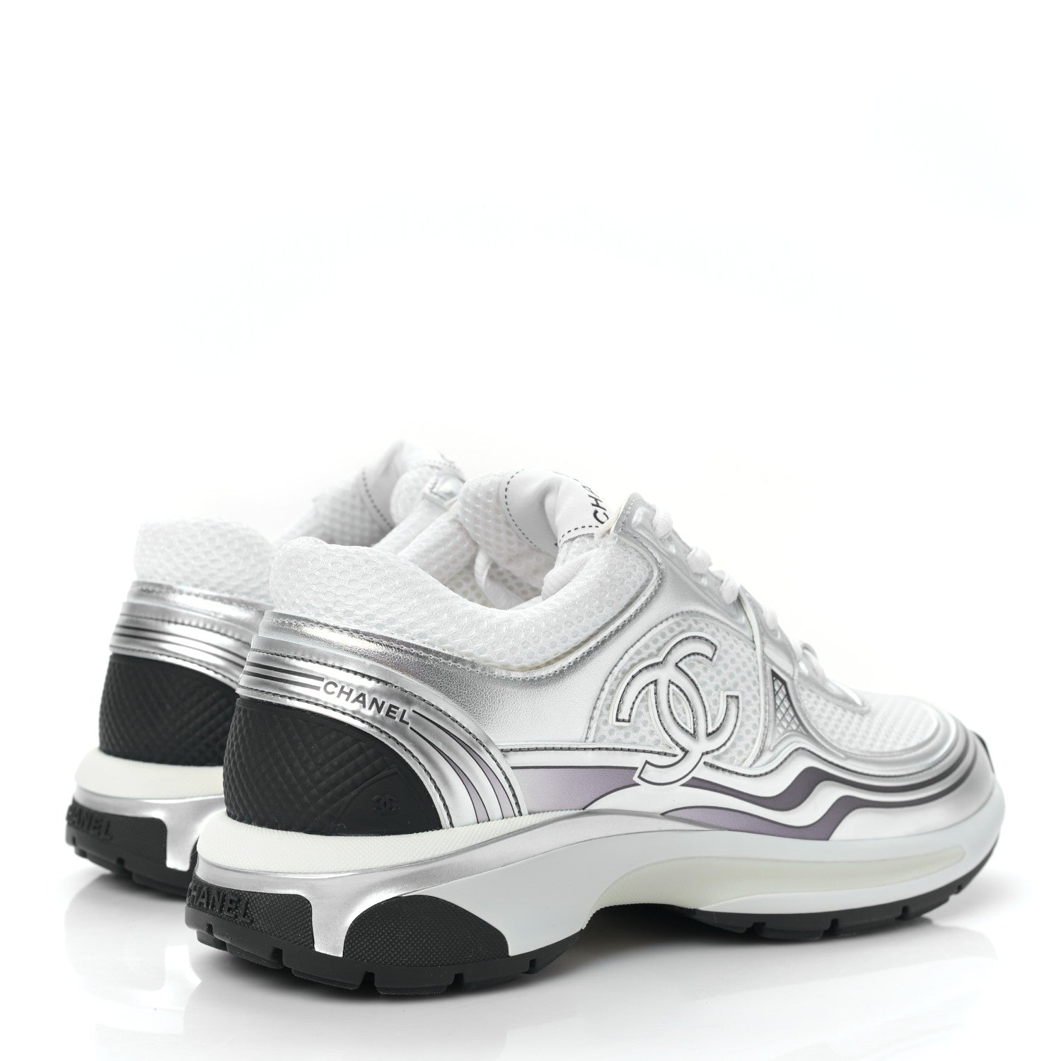 Chanel Fabric Laminated Calfskin Stretch CC Womens Sneakers 40 White Silver 4 of 8