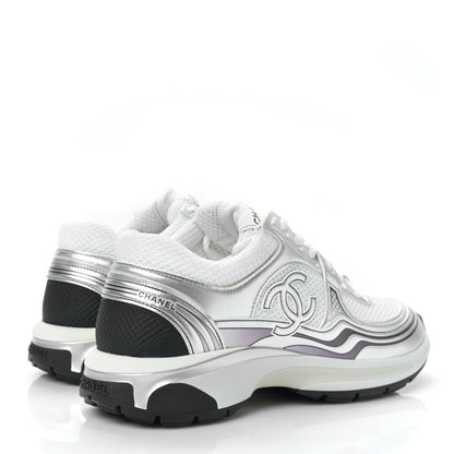 Chanel Fabric Laminated Calfskin Stretch CC Womens Sneakers 40 White Silver 4 of 8