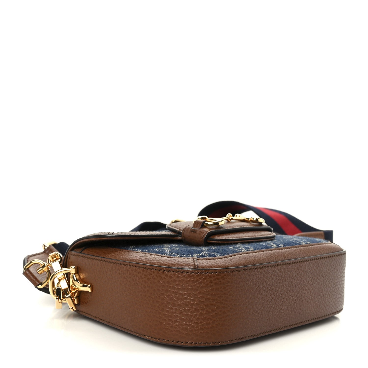 Gucci New Denim GG Monogram Dollar Calfskin Web Mini Horsebit 1955 Shoulder Bag Blue Tea Cuir Epilog 4 of 13