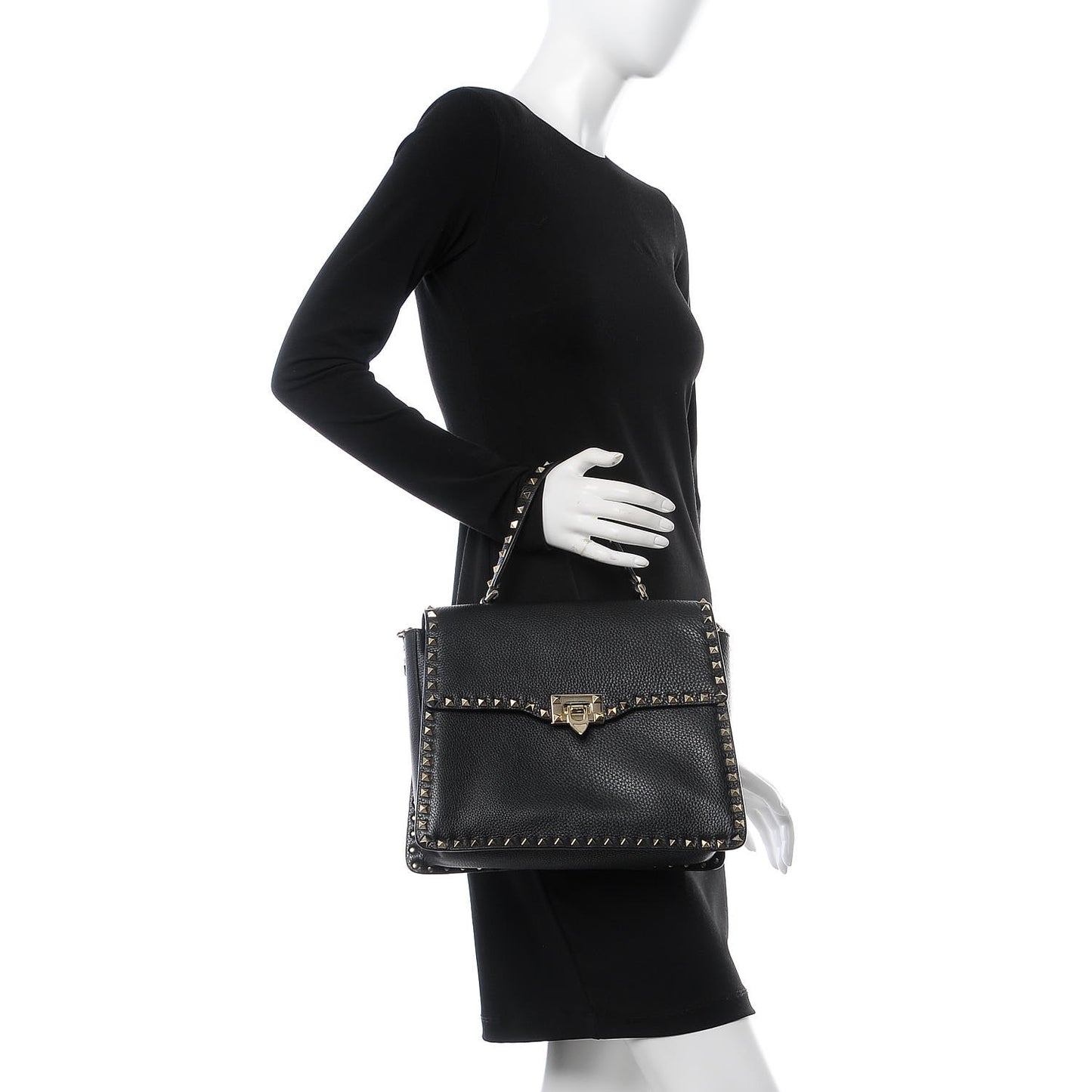 Grained Calfskin Rockstud Top Handle Flap Shoulder Bag Black