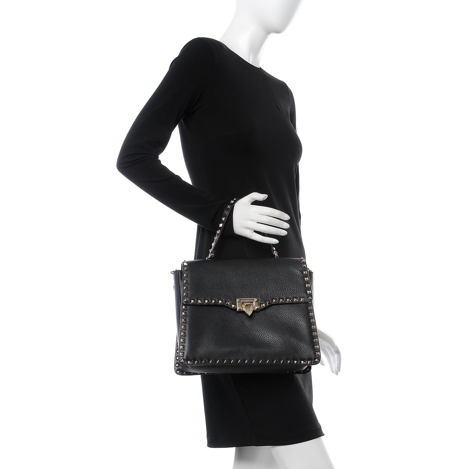Valentino Garavani Grained Calfskin Rockstud Top Handle Flap Shoulder Bag Black 3 of 10