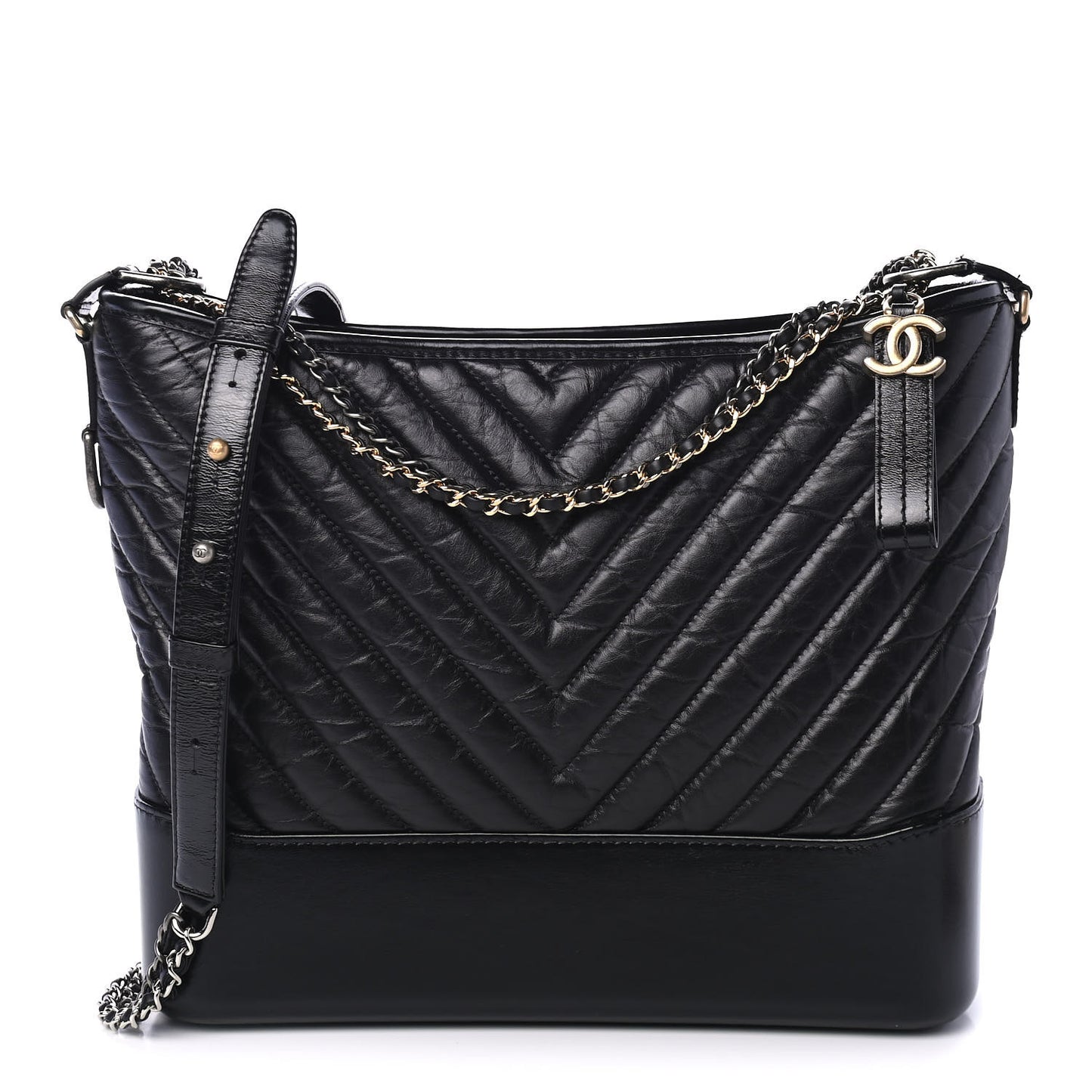 Aged Calfskin Chevron Quilted Large Gabrielle Hobo Black