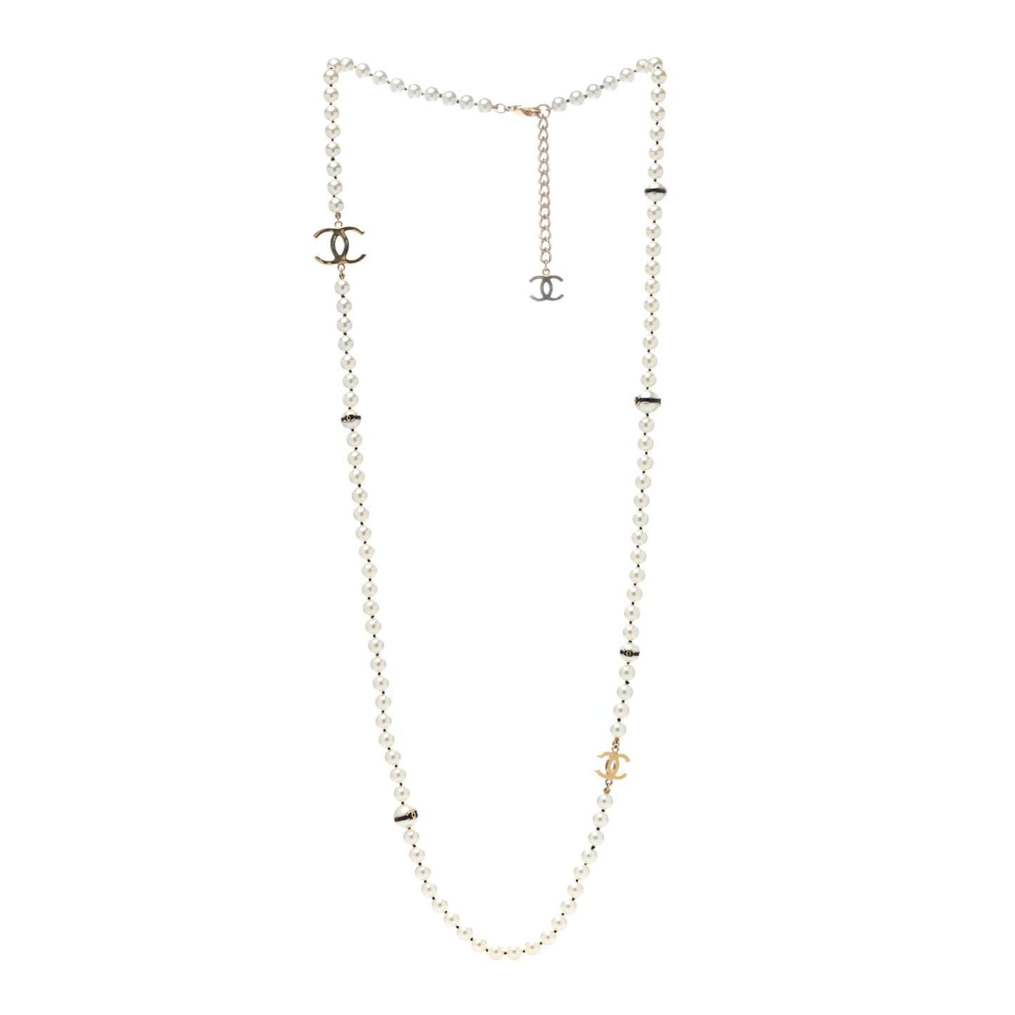 Pearl Enamel CC Long Necklace Black White Gold
