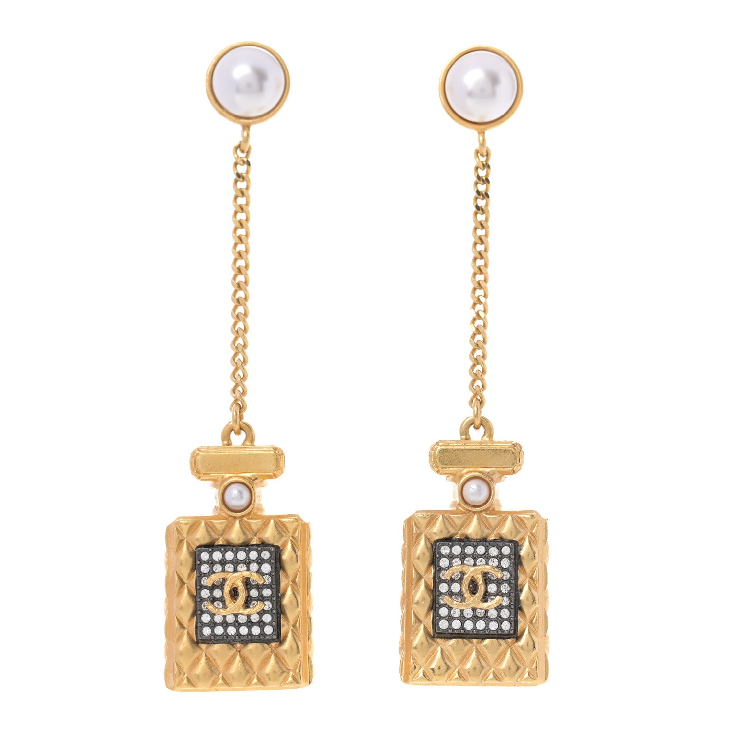 Chanel Crystal Pearl CC Perfume Bottle Chain Drop Earrings Gold 1 of 5