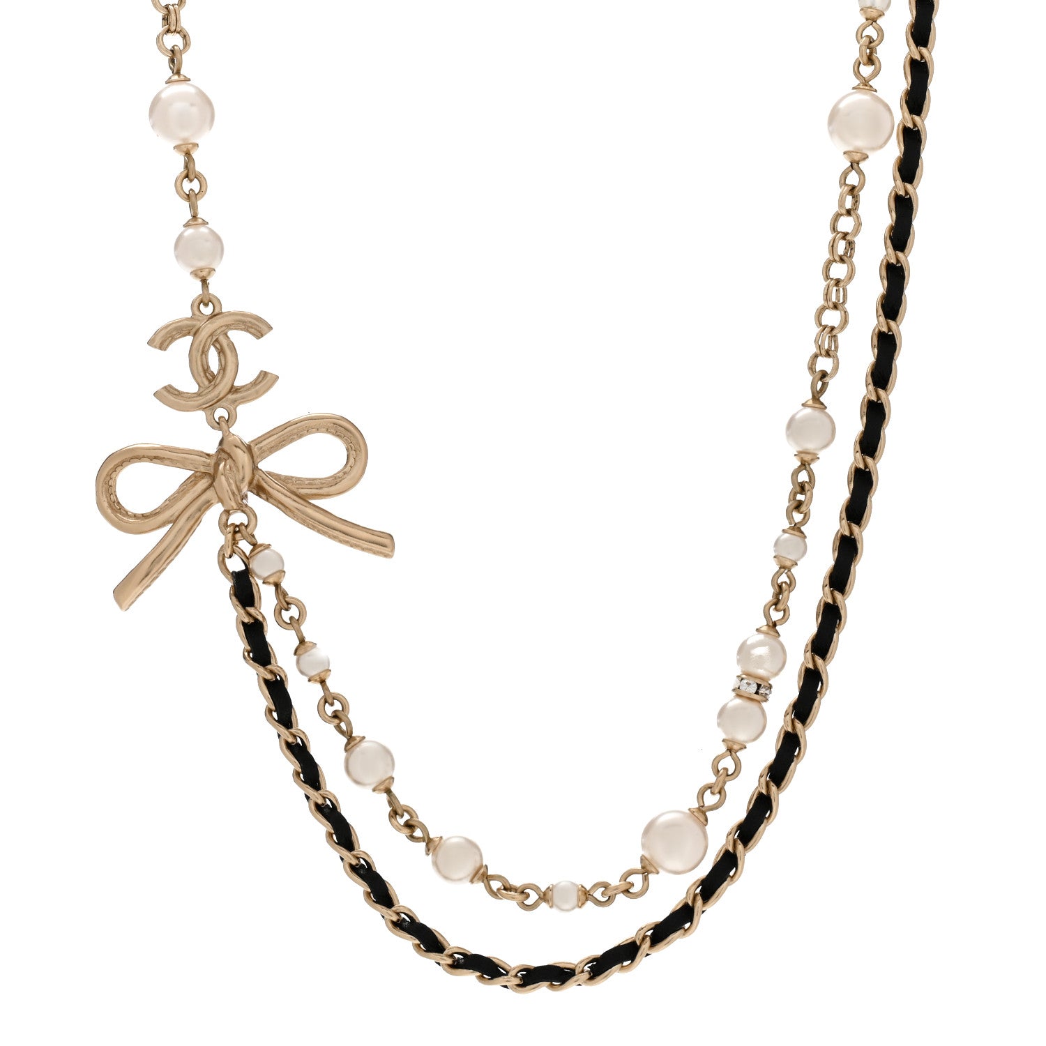 Chanel Calfskin Pearl Metal CC Bow Necklace Gold White Black 1 of 7