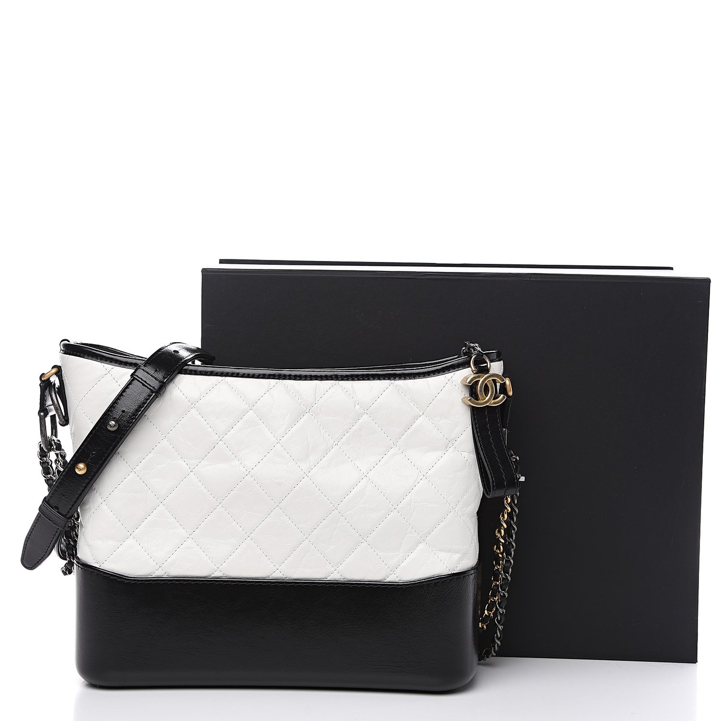 Aged Calfskin Quilted Medium Gabrielle Hobo Black White