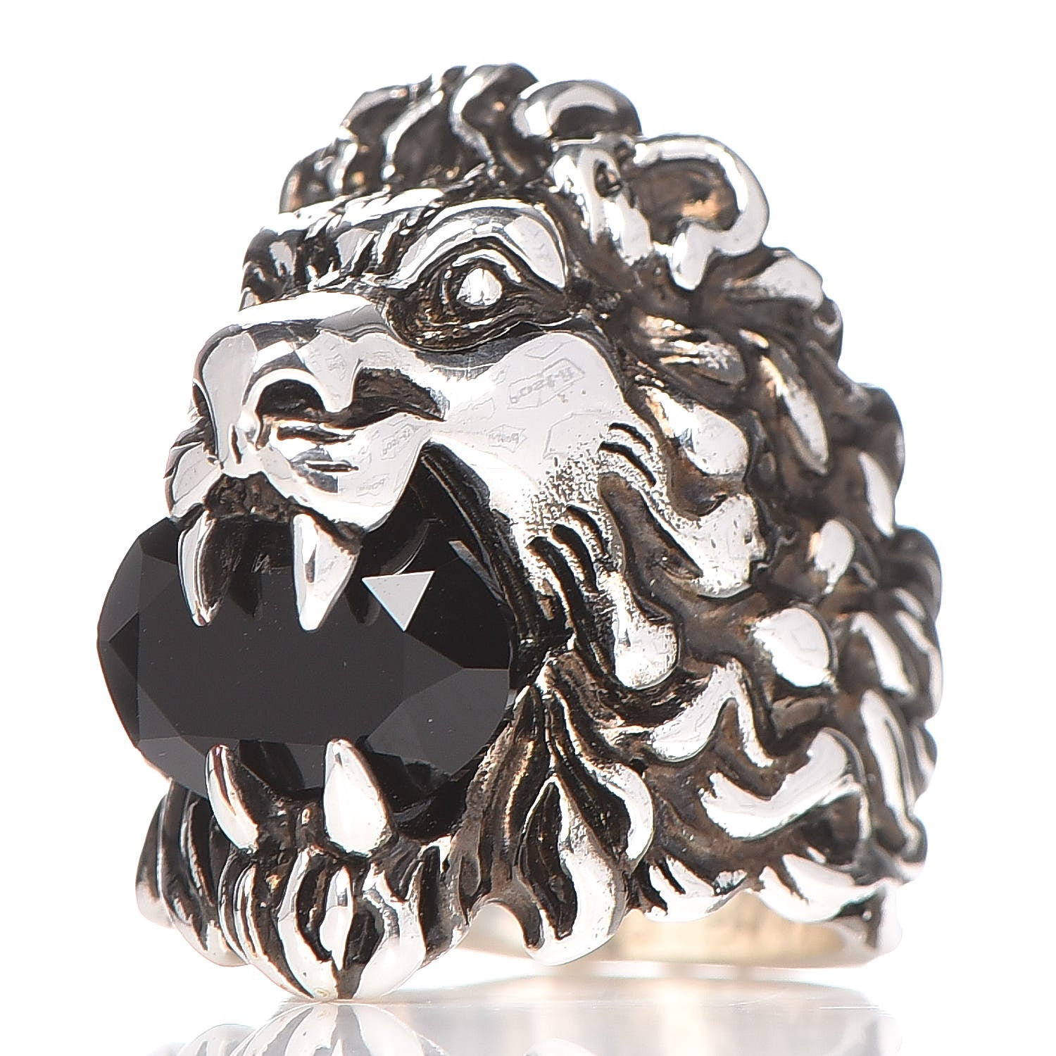 Gucci Metal Crystal Lion Head Ring Black Aged Silver 3 of 7