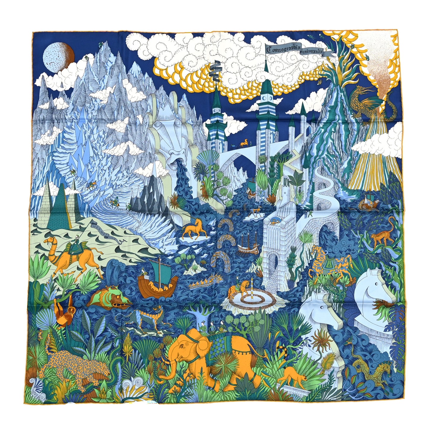 Silk Cosmographia Universalis Scarf 90 Bleu Nuit Vert Miel