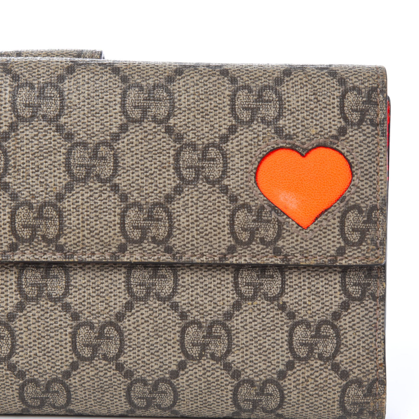 GG Supreme Monogram Continental Heart Wallet Beige Fluorescent Orange