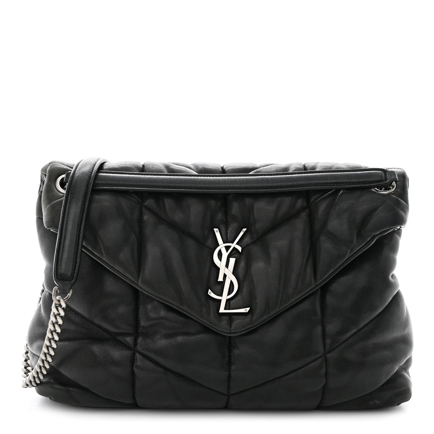 SAINT LAURENT Lambskin Quilted Medium Loulou Puffer Monogram Chain Satchel Black