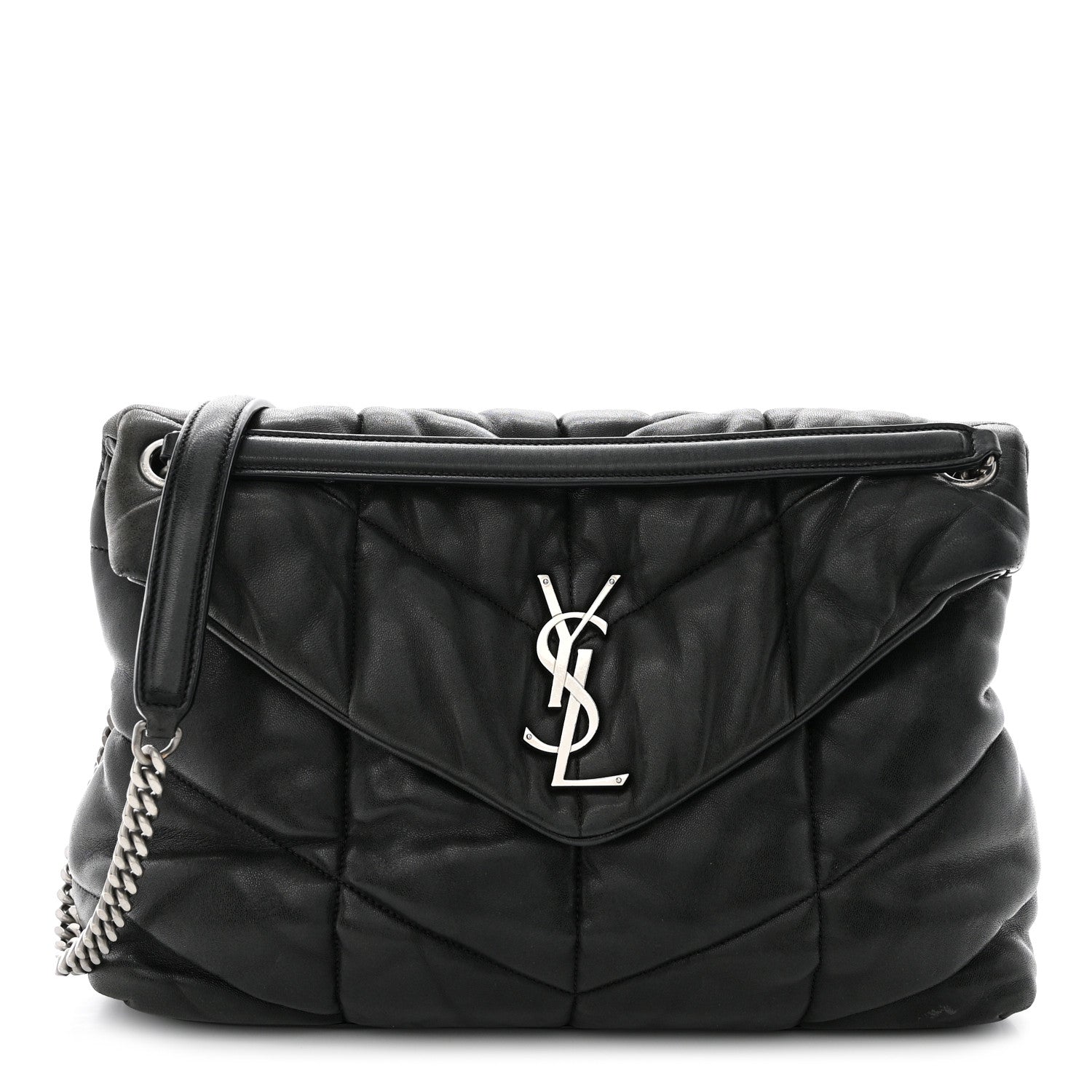 Saint Laurent SAINT LAURENT Lambskin Quilted Medium Loulou Puffer Monogram Chain Satchel Black 1 of 13