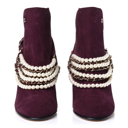 Chanel Suede Calfskin Pearl Cap Toe Short Boots 38 Burgundy 2 of 4