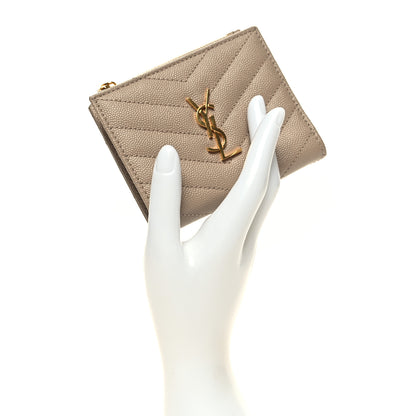 Saint Laurent Grain De Poudre Matelasse Chevron Monogram Zipped Card Case Nude Powder 2 of 9