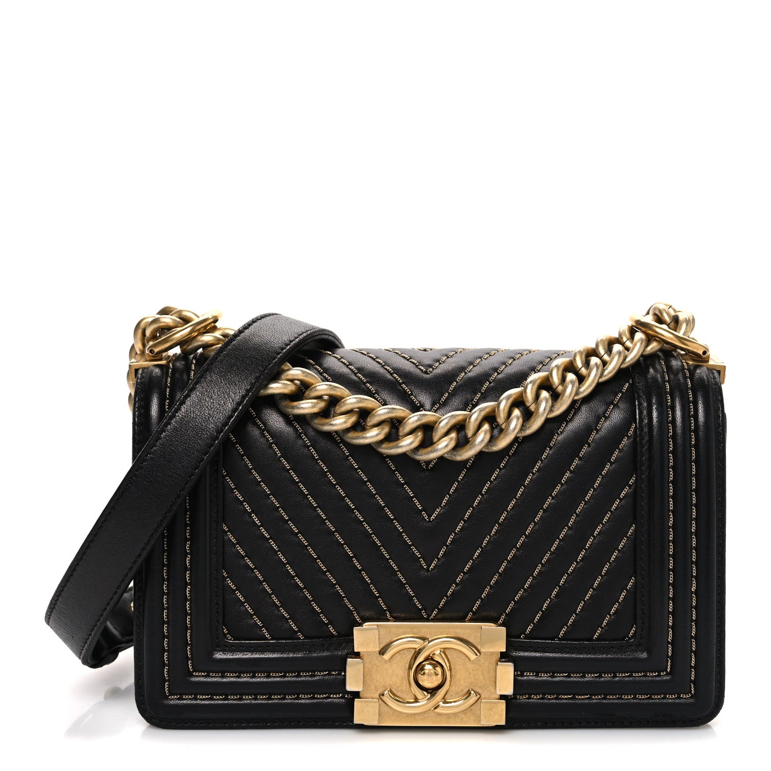 Chanel Lambskin Chevron Chain Stitched Small Boy Flap Black 1 of 11