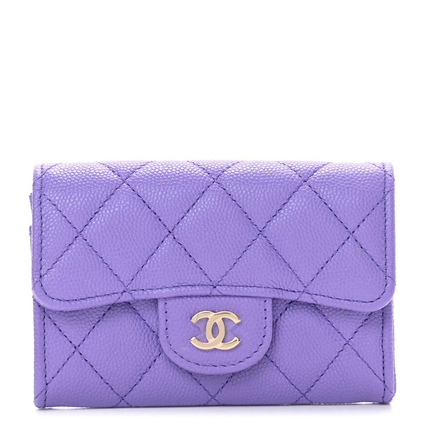 Caviar Quilted Flap Card Holder Wallet Purple