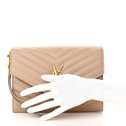 Saint Laurent Grain De Poudre Matelasse Chevron Monogram Envelope Clutch Dark Beige 2 of 10