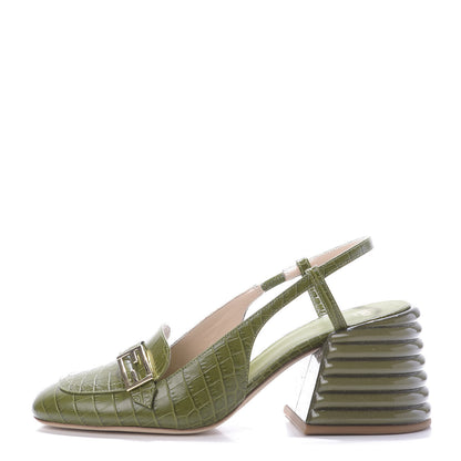 Fendi Calfskin Crocodile Embossed Promenade Slingback Loafer Pumps 38.5 Military Green 1 of 12