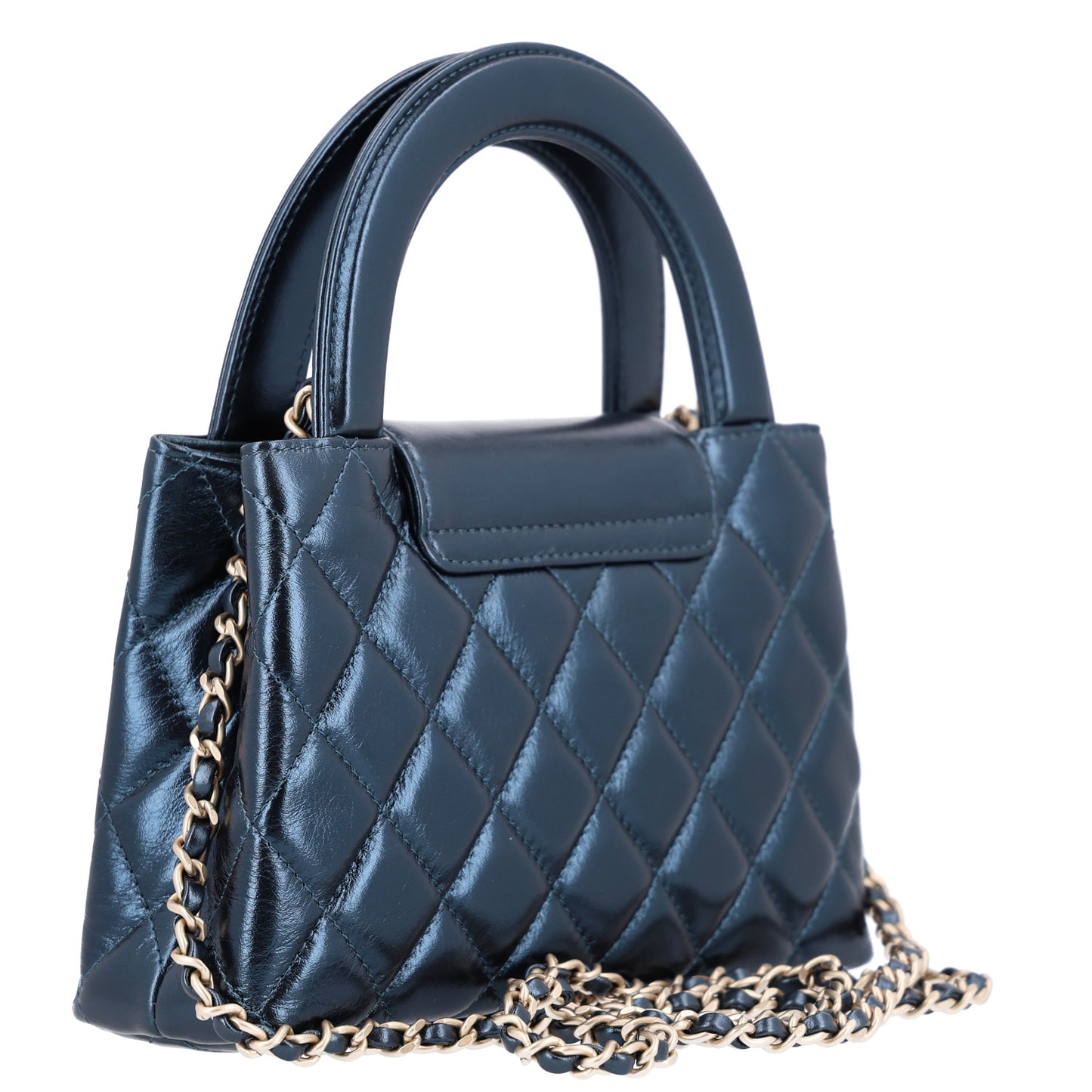 Metallic Aged Calfskin Quilted Nano Kelly Shopper Navy