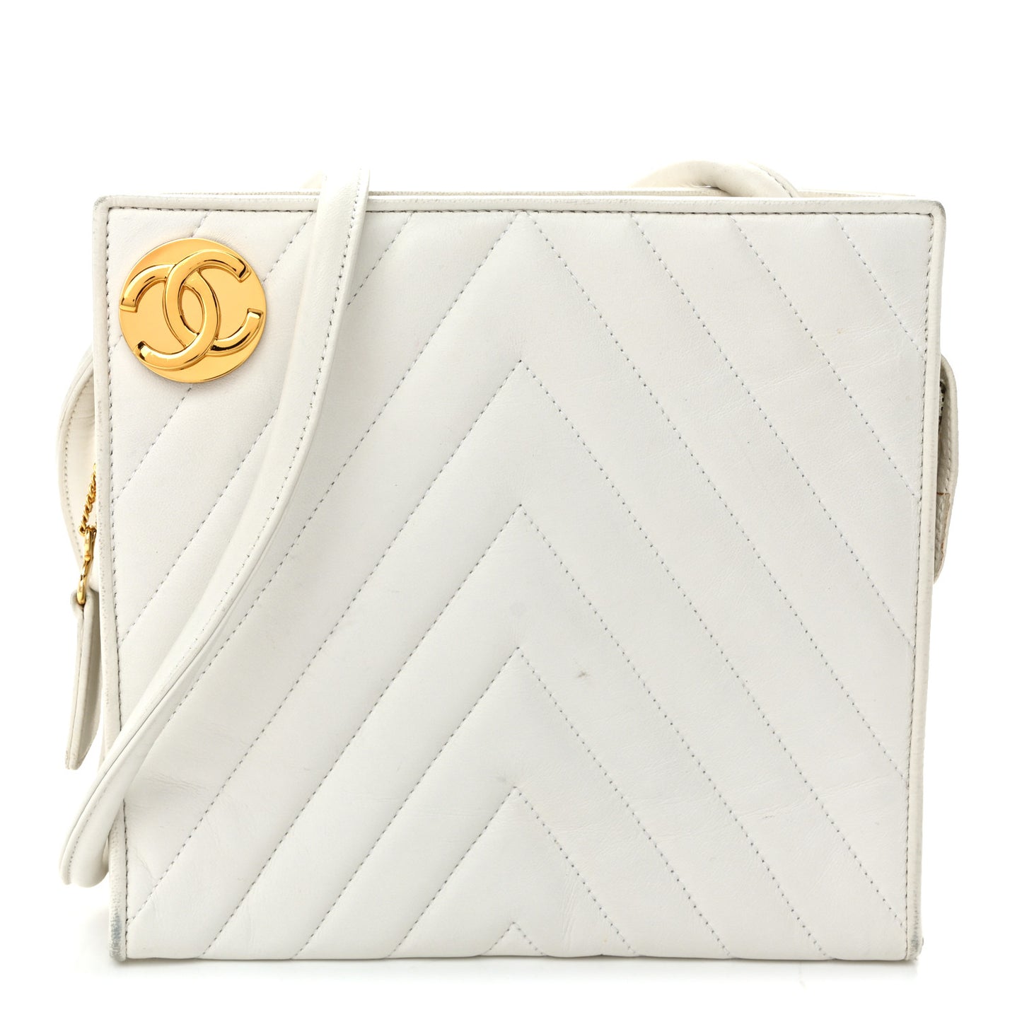 Lambskin Chevron Quilted CC Shoulder Bag White