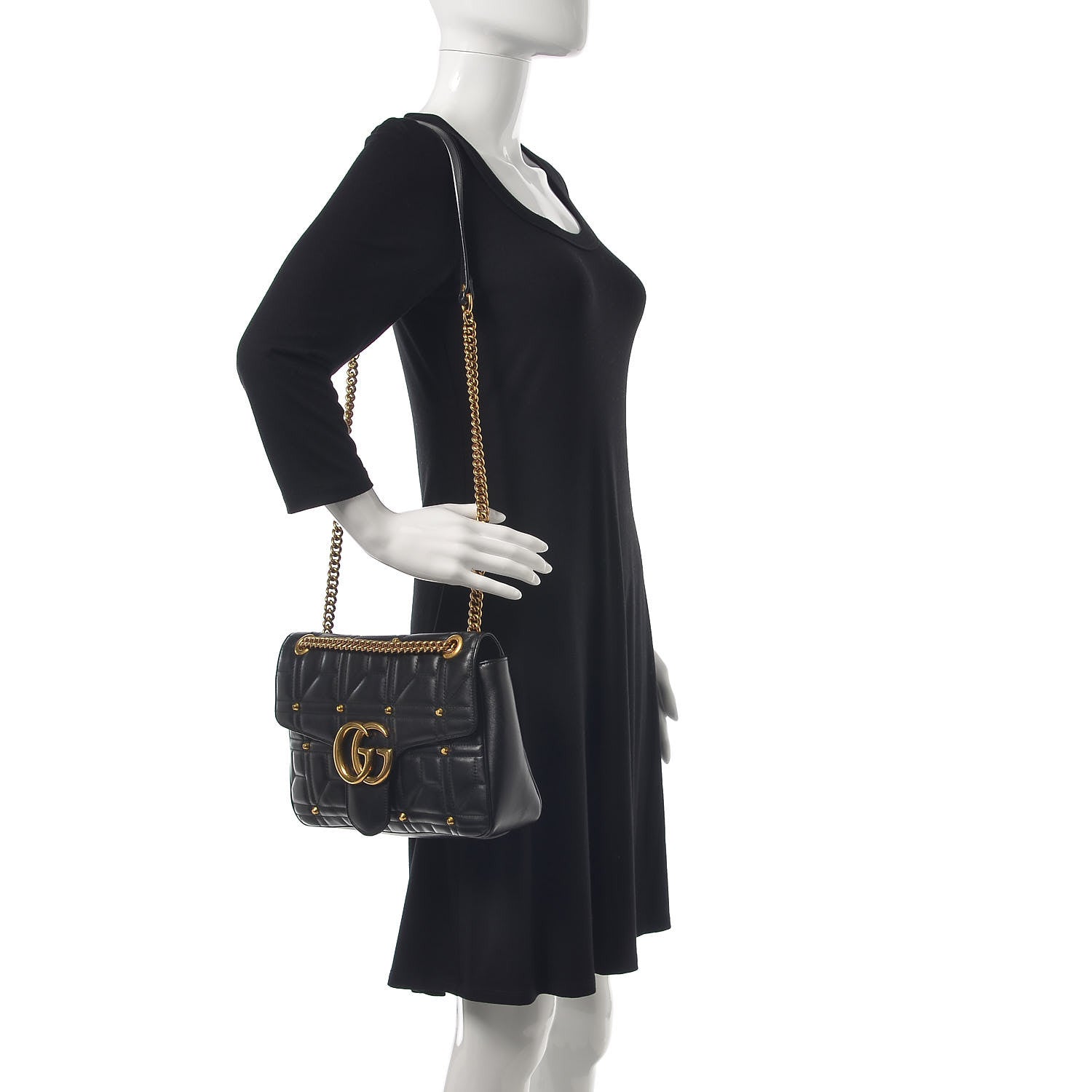 Gucci Calfskin Matelasse Studded Medium GG Marmont Shoulder Bag Black 2 of 13