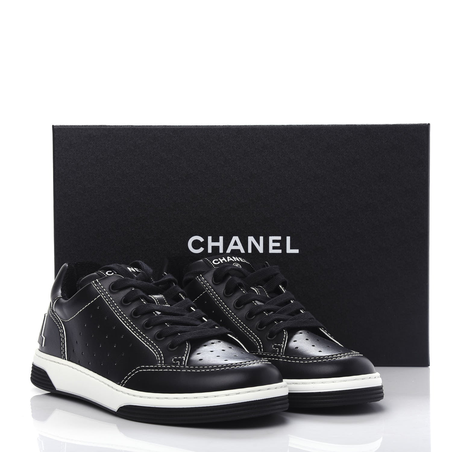 Chanel Calfskin Womens Logo Sneakers 38 Black White 11 of 11