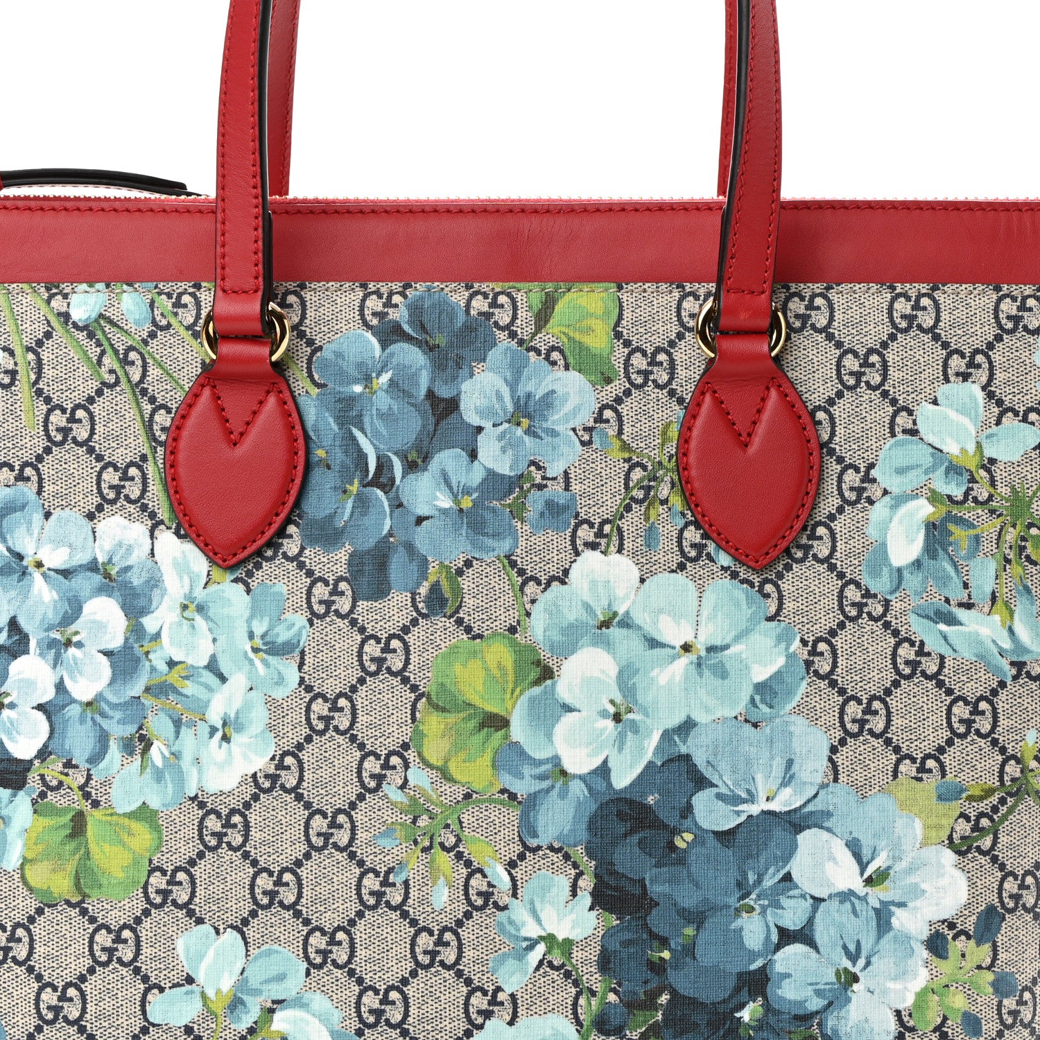 Gucci GG Supreme Monogram Blooms Medium Zippered Bucket Tote Beige Blue Navy Hibiscus Red 8 of 12