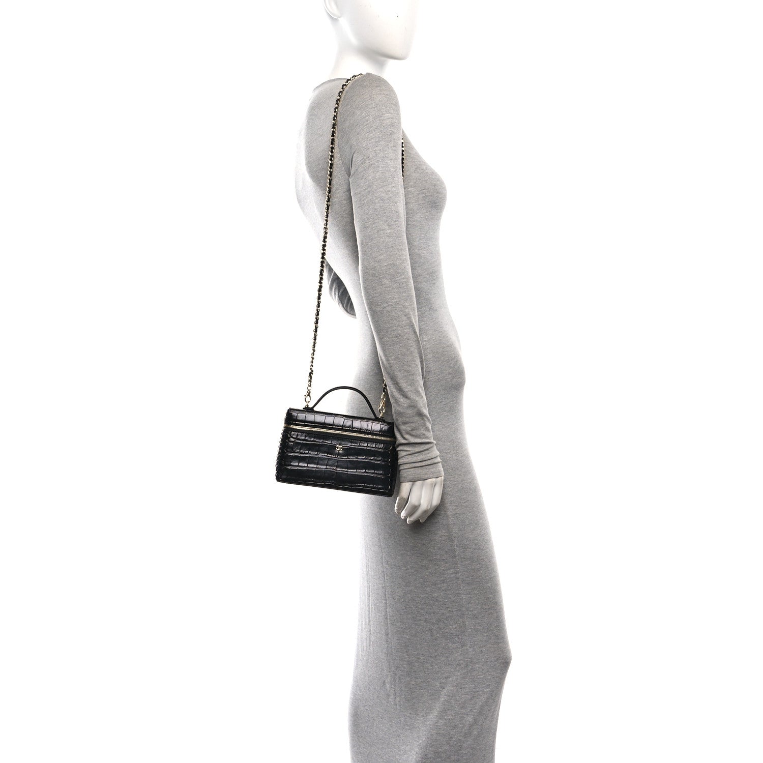 Chanel Calfskin Crocodile Embossed Crococo Top Handle Slim Vanity Case With Chain Black 2 of 11