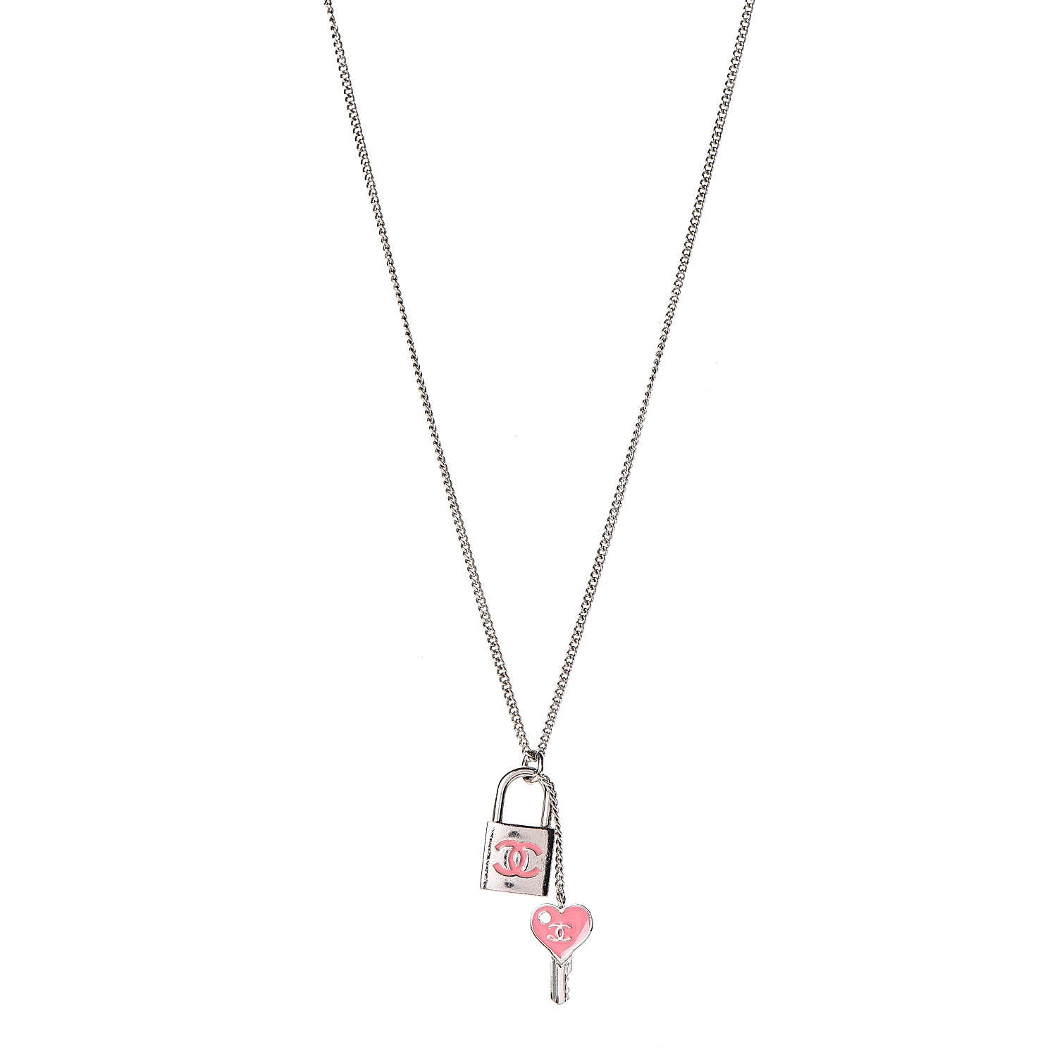 Chanel Padlock and Key CC Necklace Silver Pink 1 of 5