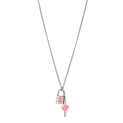 Chanel Padlock and Key CC Necklace Silver Pink 1 of 5
