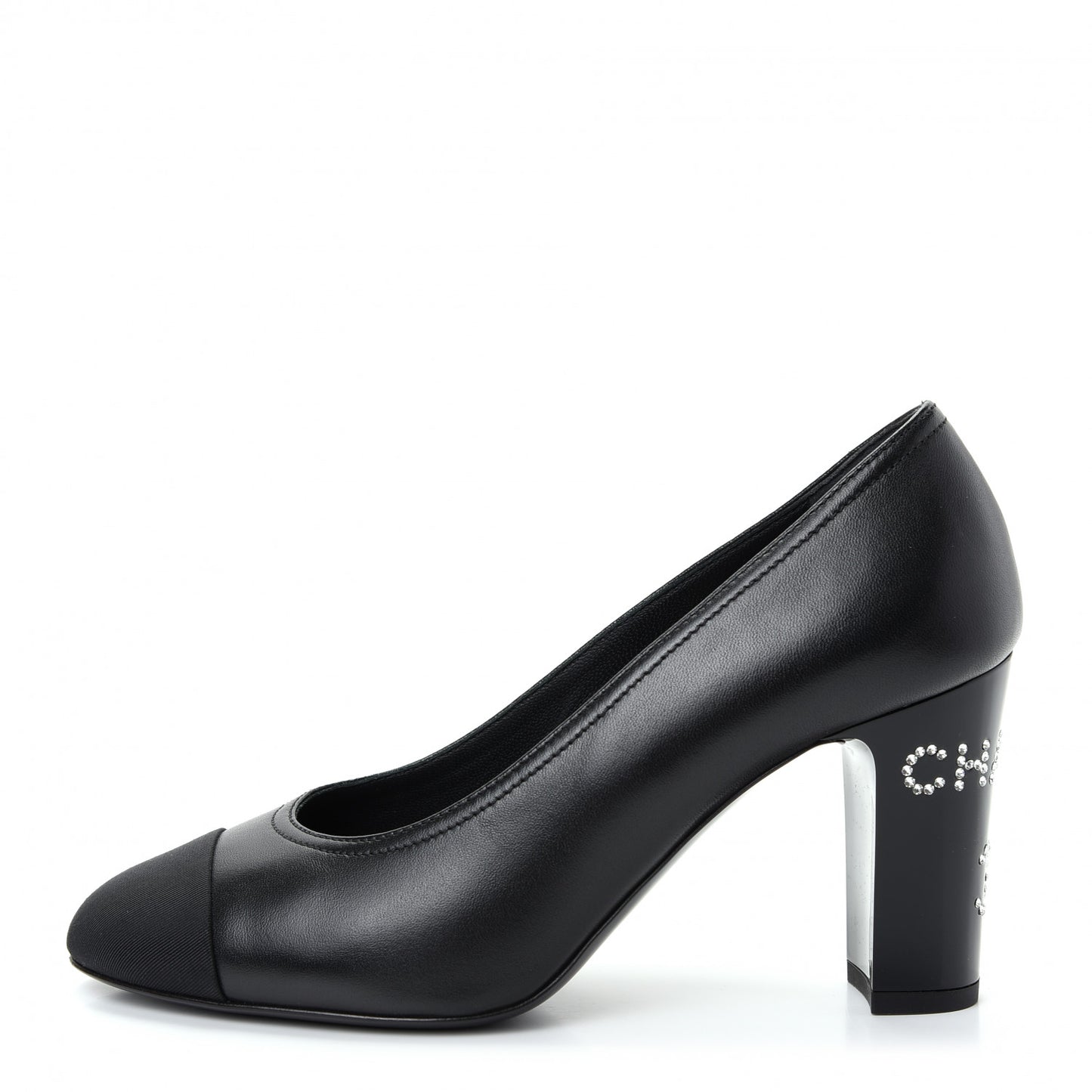 Calfskin Grosgrain Crystal Cap Toe Logo Pumps 36.5 Black