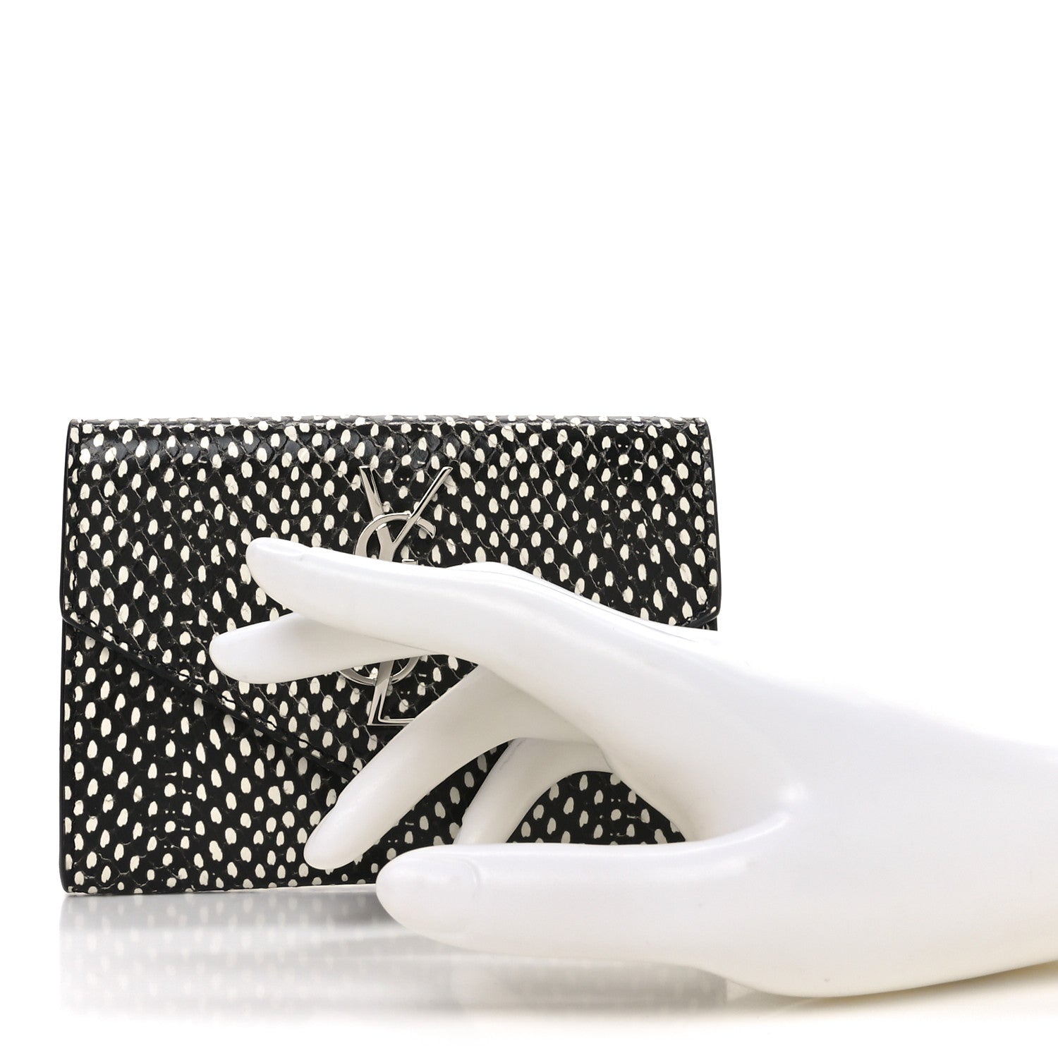 Saint Laurent Calfskin Lambskin Snakeskin Embossed Small Monogram Envelope Wallet Black White 2 of 6