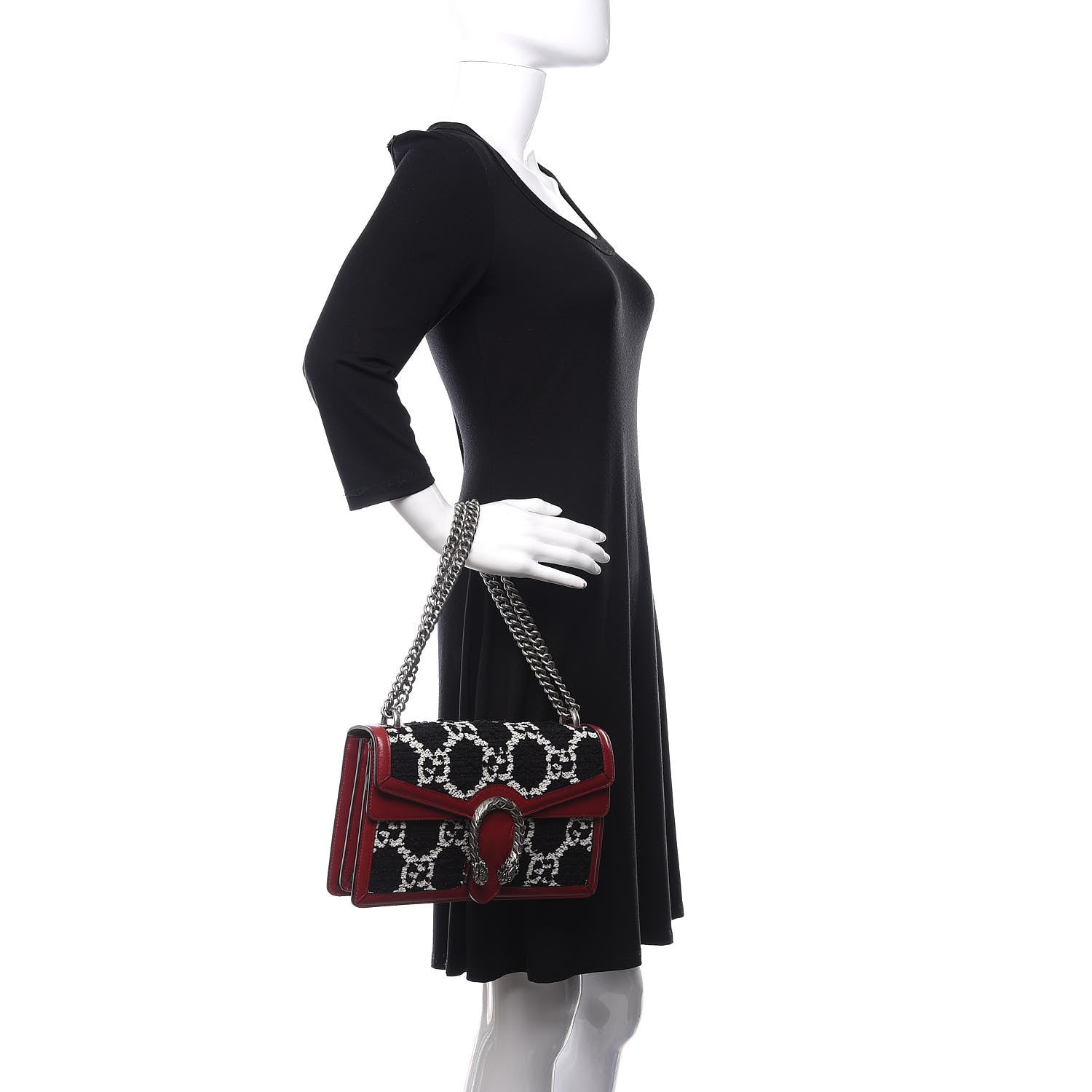 Gucci Tweed GG Monogram Small Dionysus Shoulder Bag Black White Romantic Cherry 3 of 11
