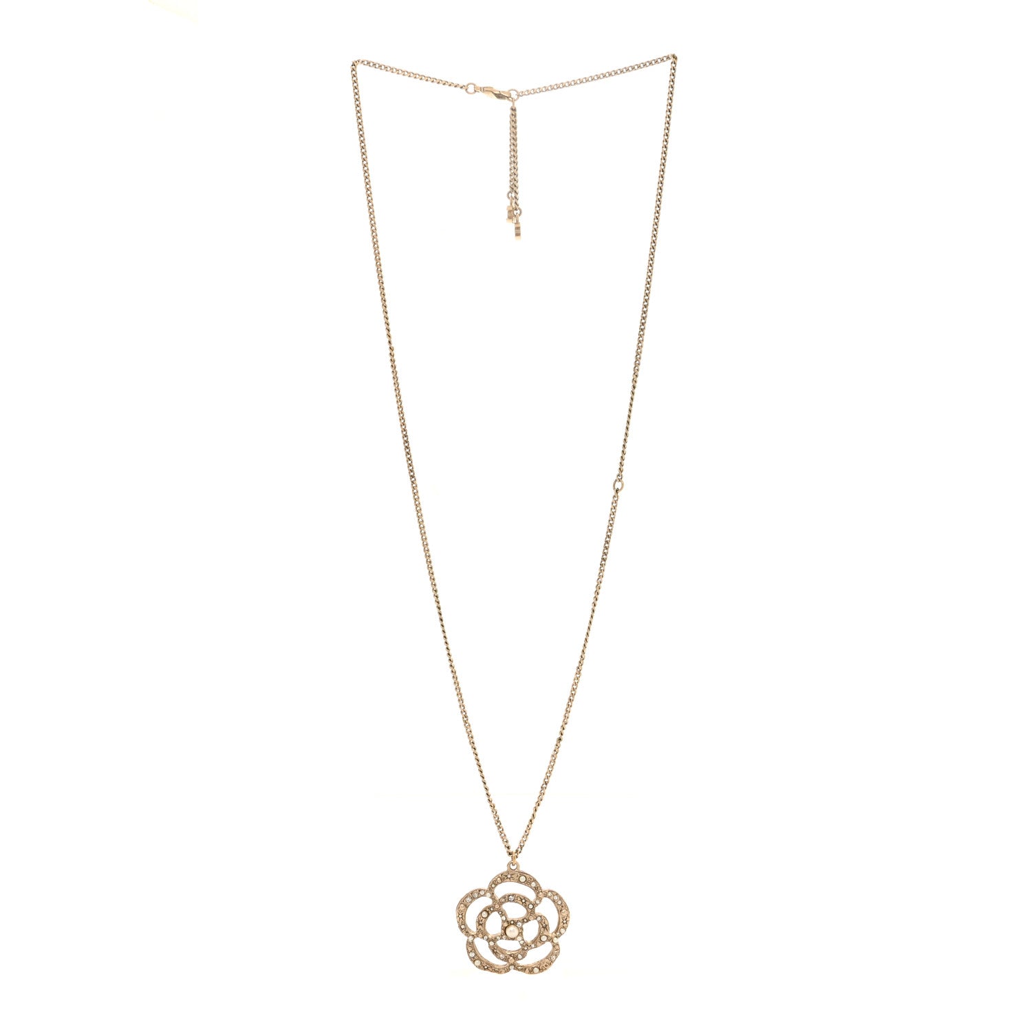 Chanel Pearl Crystal Large Camellia Pendant Necklace Light Gold 3 of 5