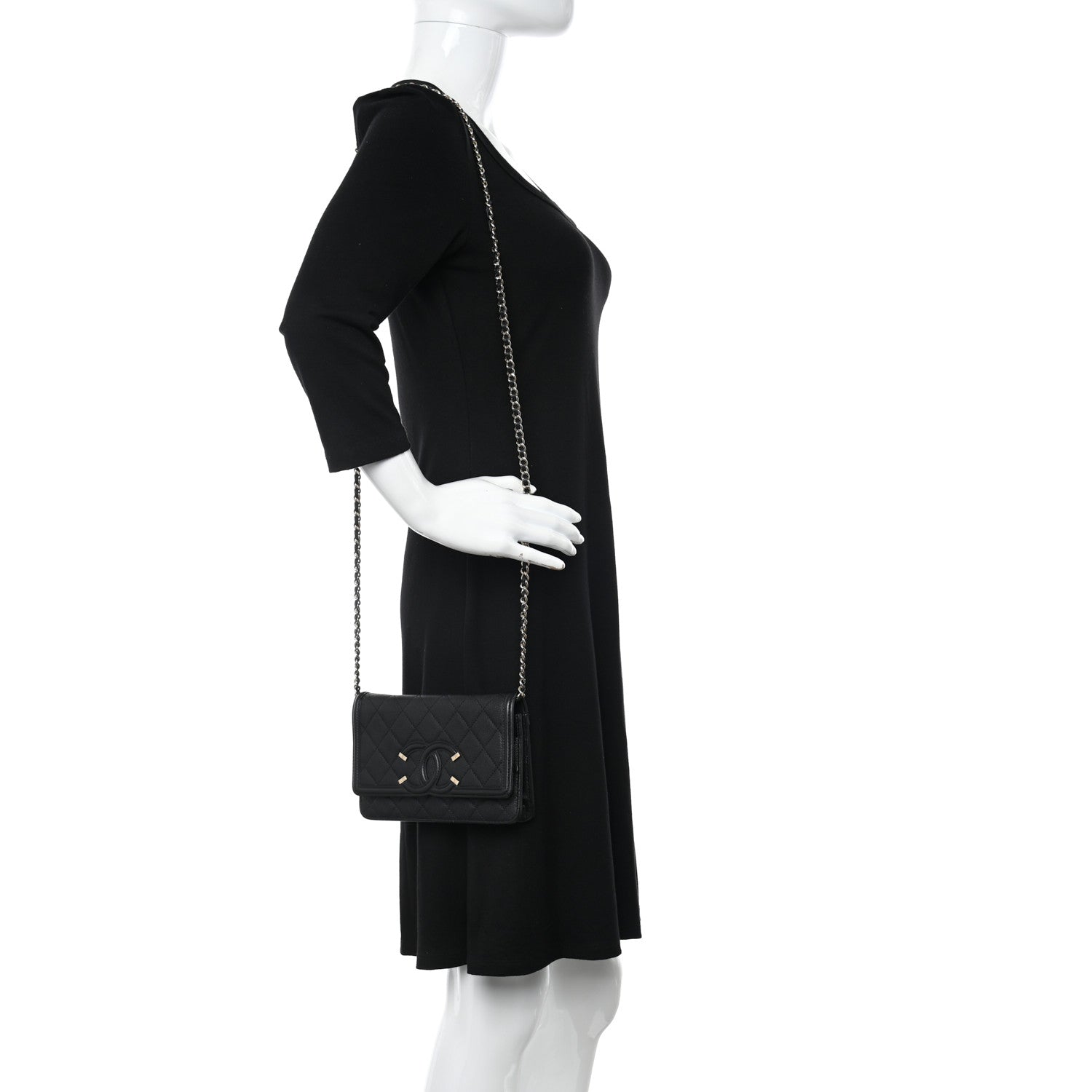 Chanel Caviar Quilted CC Filigree Wallet On Chain WOC Black 2 of 11