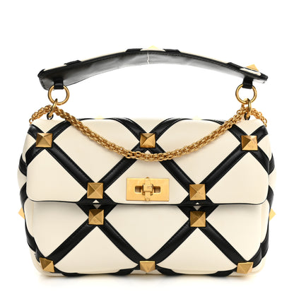 Valentino Garavani Nappa Large Roman Stud Shoulder Bag Ivory Black 1 of 13