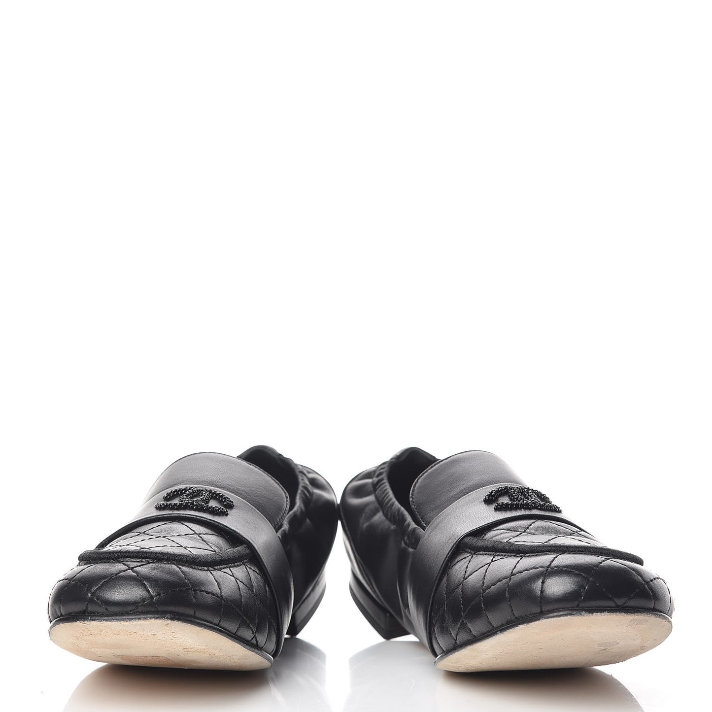 Laminated Lambskin Womens Quilted Elastic CC Moccasin Loafers 37.5 Black
