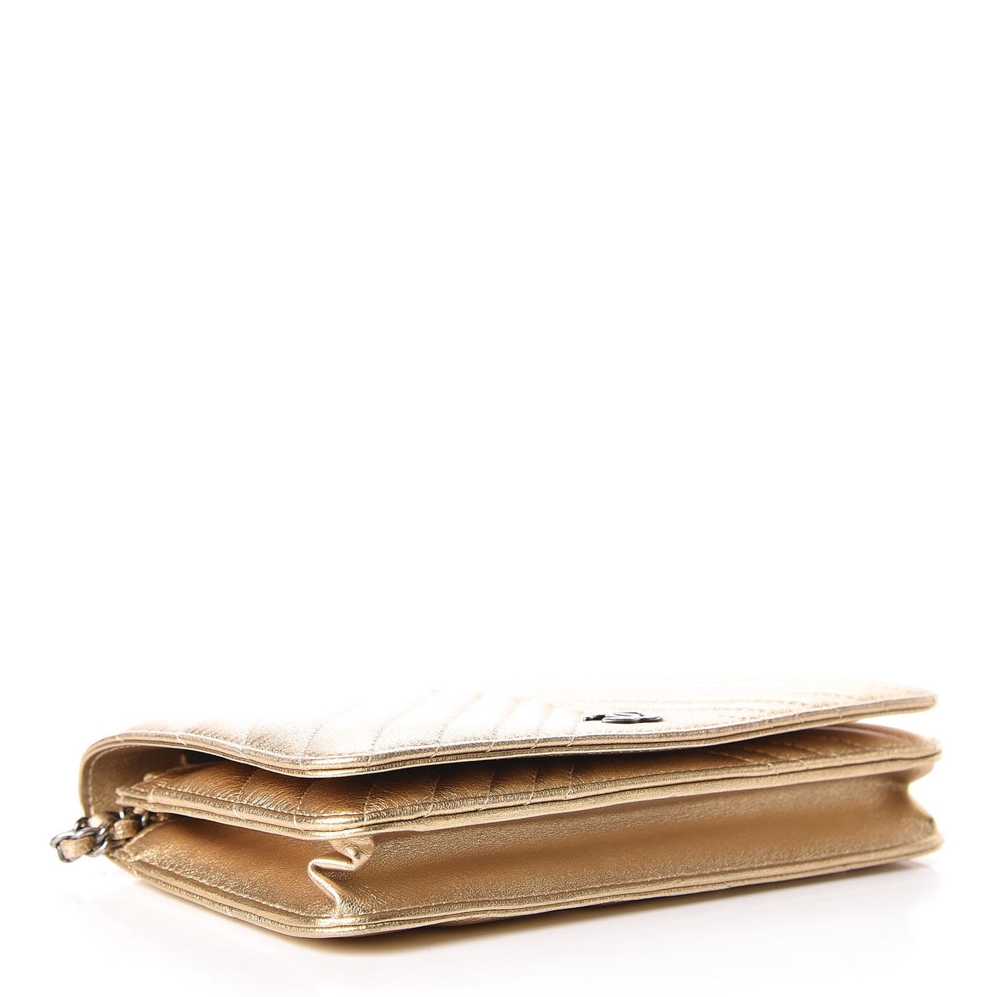 Metallic Lambskin Chevron Quilted Wallet On Chain WOC Gold