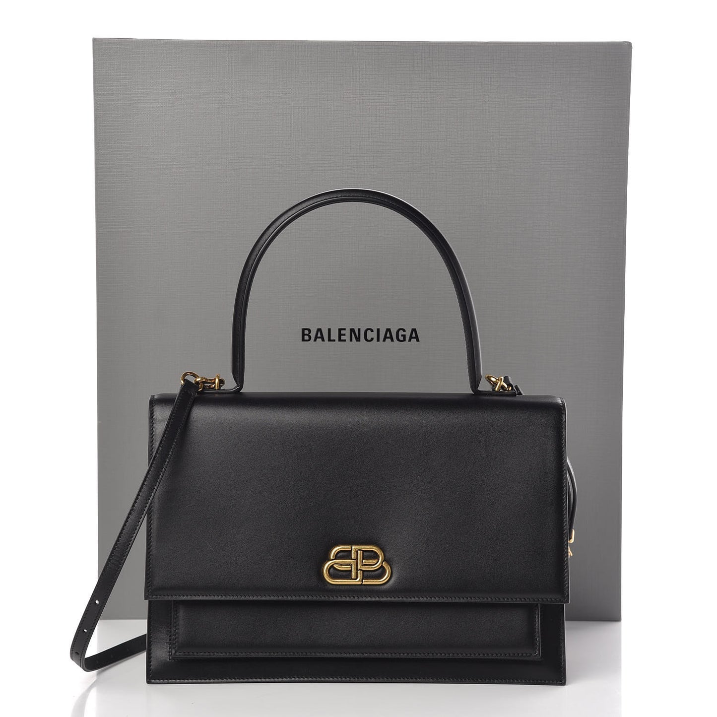 Box Calfskin Large Sharp Top Handle Bag Black
