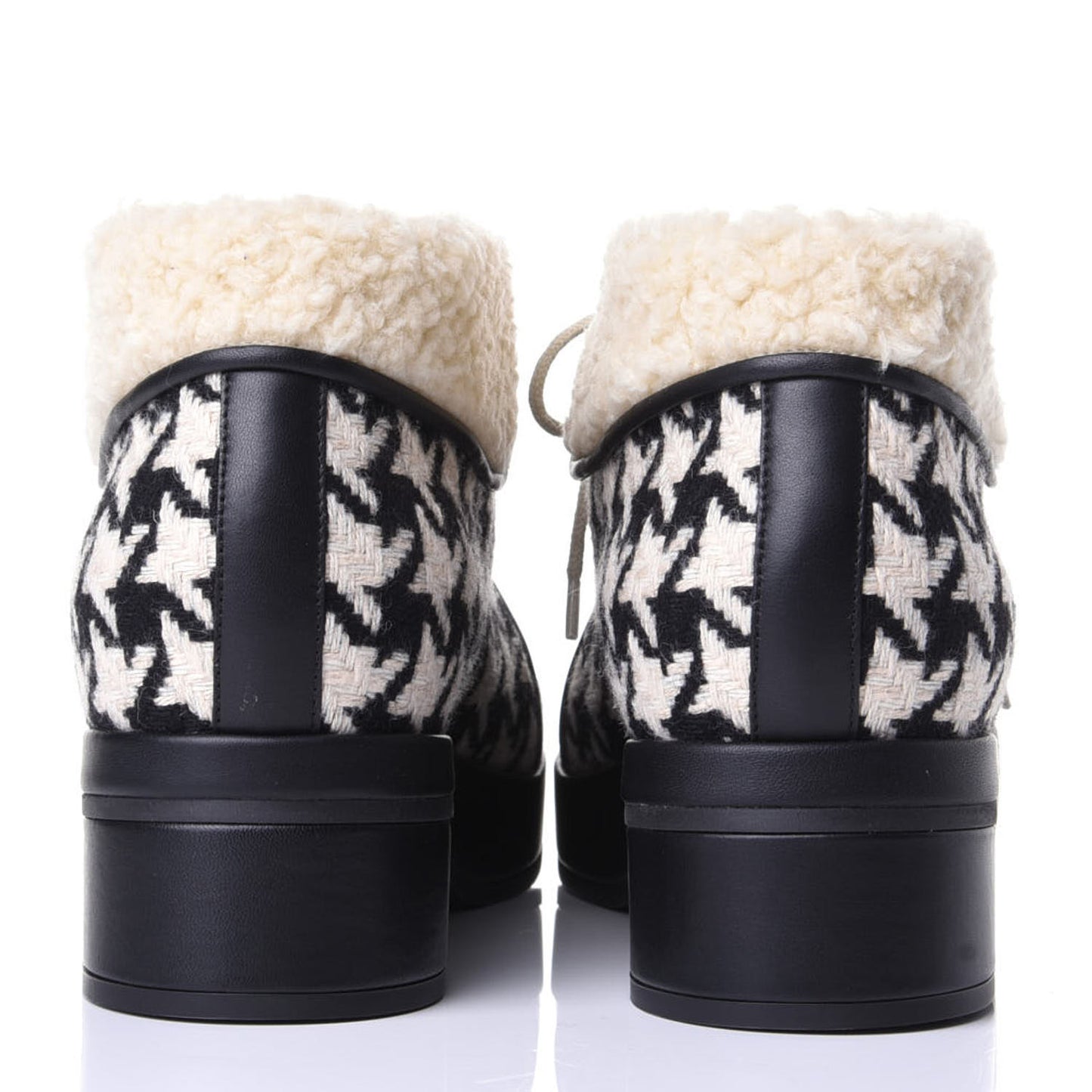 Optical Tweed Faux Shearling Houndstooth Victor Lace Up Ankle Boots 38.5 White Black