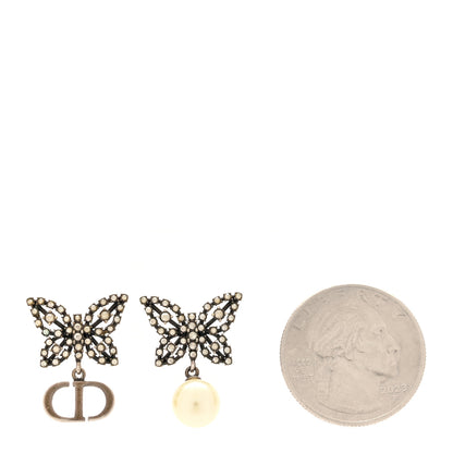 Christian Dior Metal Crystal Pearl CD Butterfly Drop Earrings Antique Gold 2 of 5
