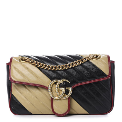 Gucci Vintage Effect Calfskin Matelasse Diagonal Striped Small Torchon GG Marmont Shoulder Bag Black Beige 1 of 10