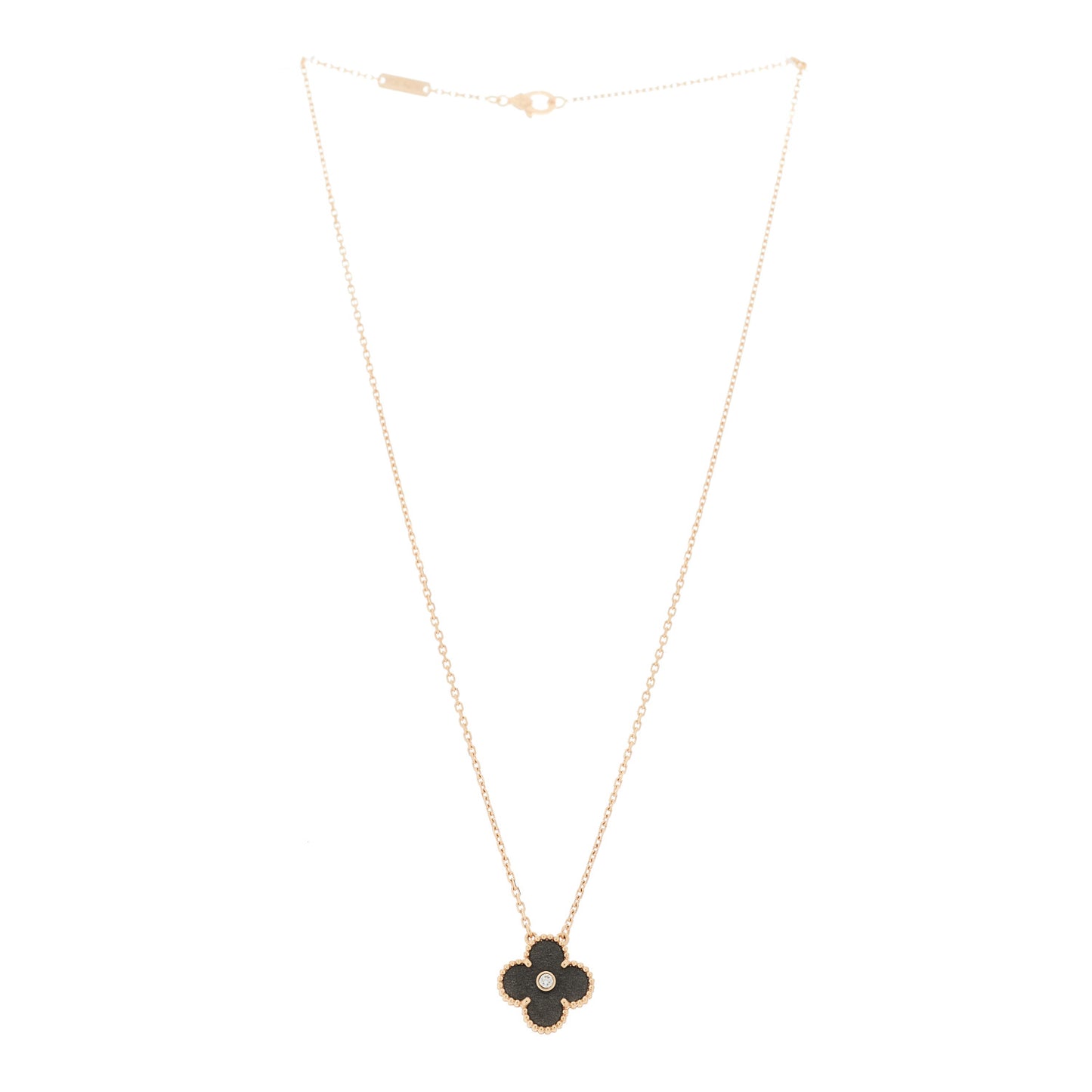 18K Rose Gold Diamond Silver Obsidian Vintage Alhambra Pendant Necklace