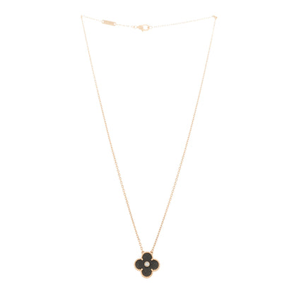 Van Cleef & Arpels 18K Rose Gold Diamond Silver Obsidian Vintage Alhambra Pendant Necklace 3 of 5