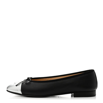 Chanel Calfskin Metallic Goatskin CC Cap Toe Ballerina Flats 39 Black Silver 1 of 9